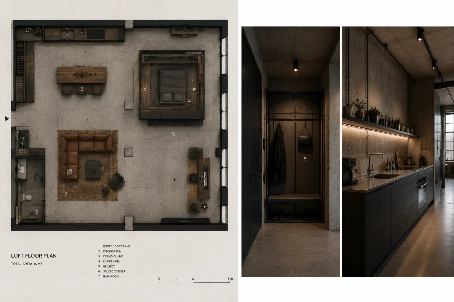 Loft zoning — the platform bed box, the studio corner, and the single-run kitchen, all freestanding within the open hall.