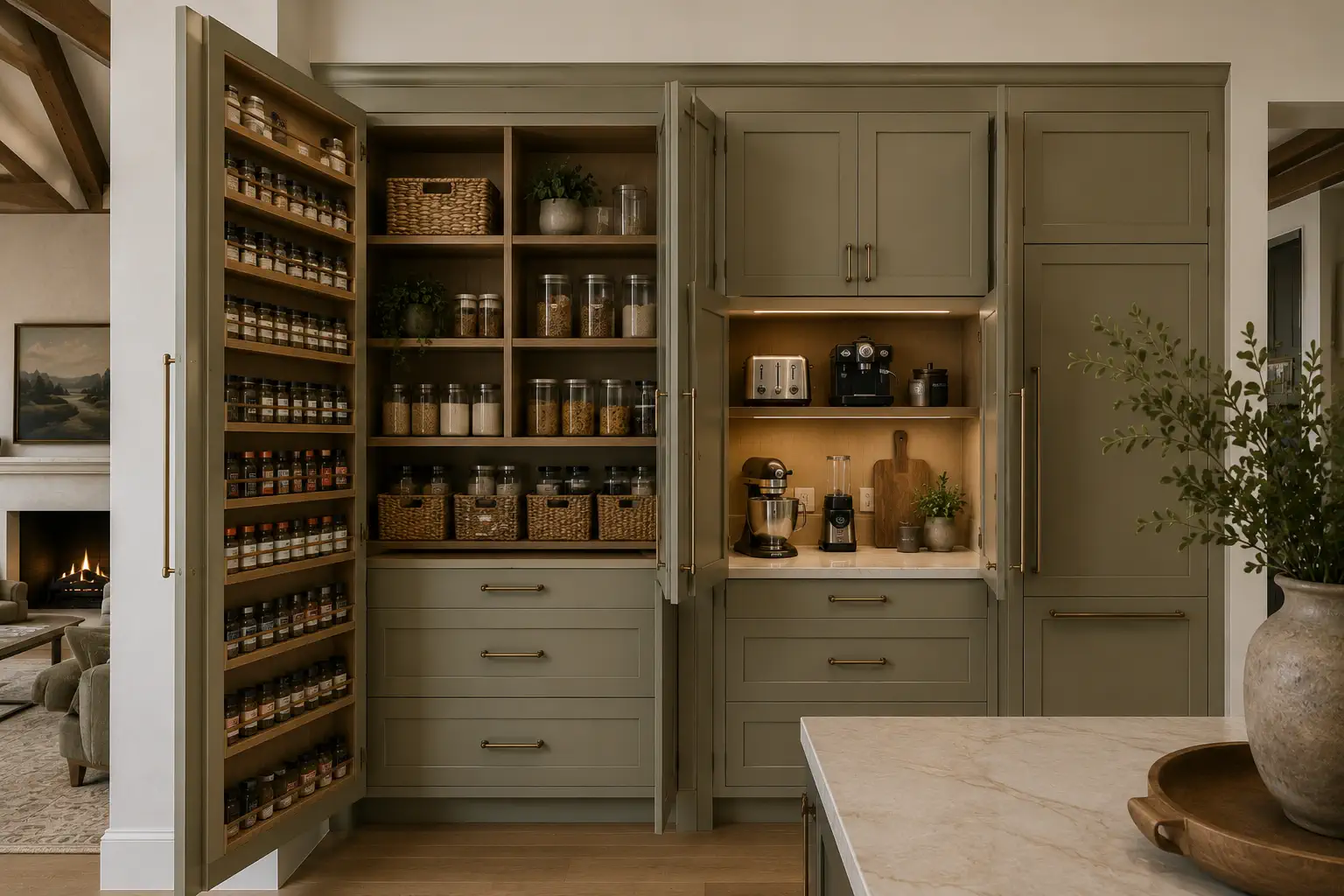 Pantry reveal — appliance garage and spice library.