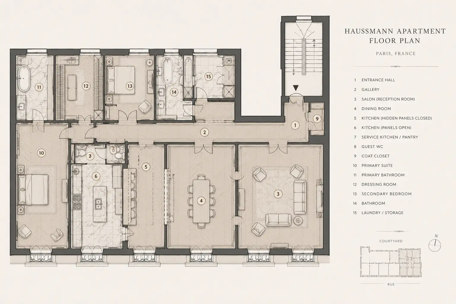 Enfilade layout — salon, dining, and the concealed kitchen service zone reading as one continuous sequence.