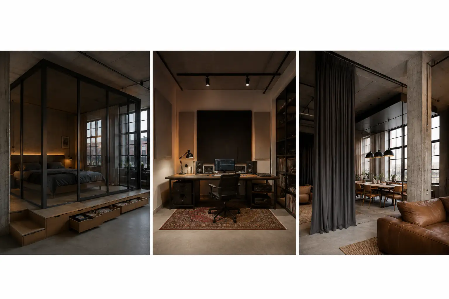 Bed box wrapped in acoustic glass — daylight borrowed from the main window wall, privacy held by distance rather than walls.