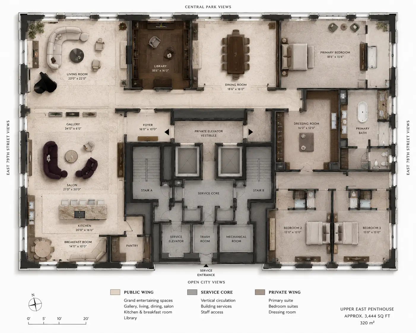 Penthouse plate — public wing, private wing, service core.