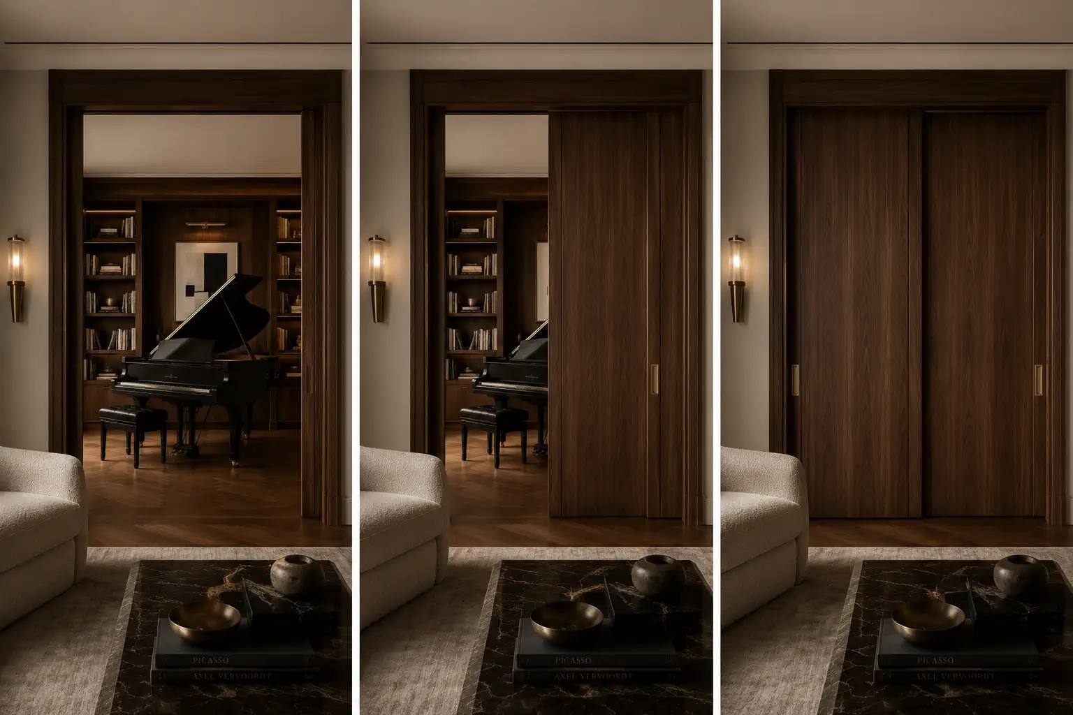 Jewel salon — lacquer in deep aubergine, brass sconces.