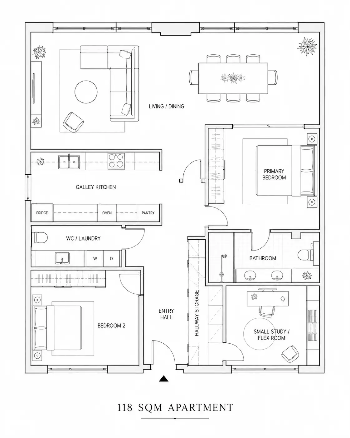 Revised layout — kitchen reconfigured as an efficient galley, a full-height storage wall added along the hallway.