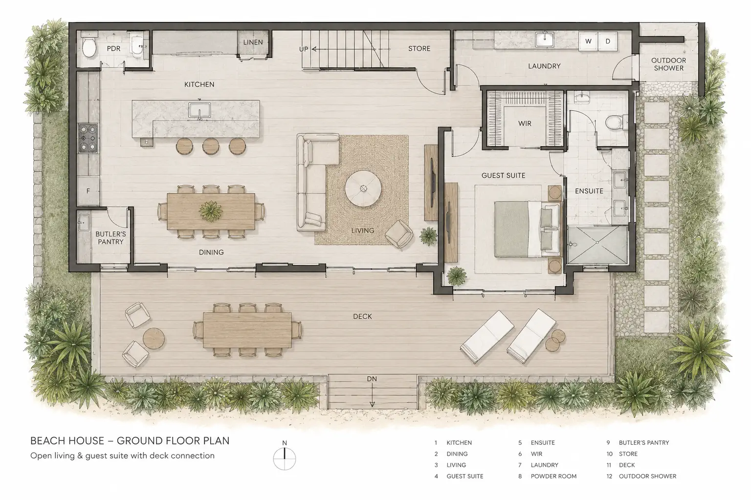 Ground floor — open living, a self-contained guest suite, and the outdoor-kitchen connection across the deck.