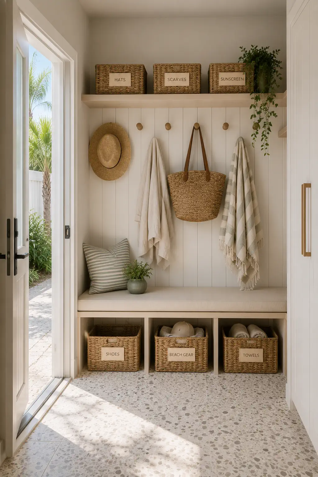 Mud zone — terrazzo tile underfoot, a wall of hooks, and a concealed dryer vent tucked behind the basket storage.