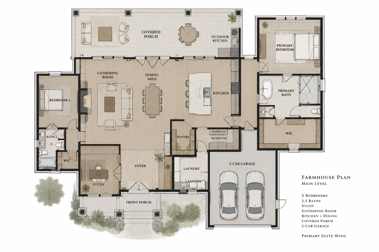Main level — hearth, kitchen, primary suite wing.