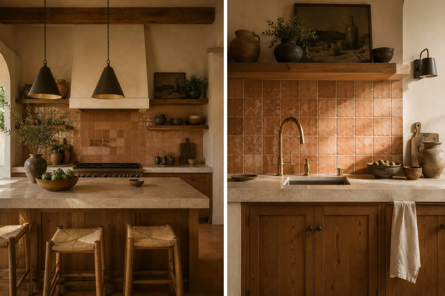 Kitchen — terracotta backsplash and brass faucet patina.