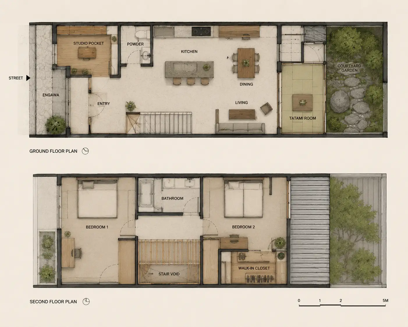 Ground floor — engawa threshold, kitchen, tatami-adjacent room, and the studio pocket off the courtyard.