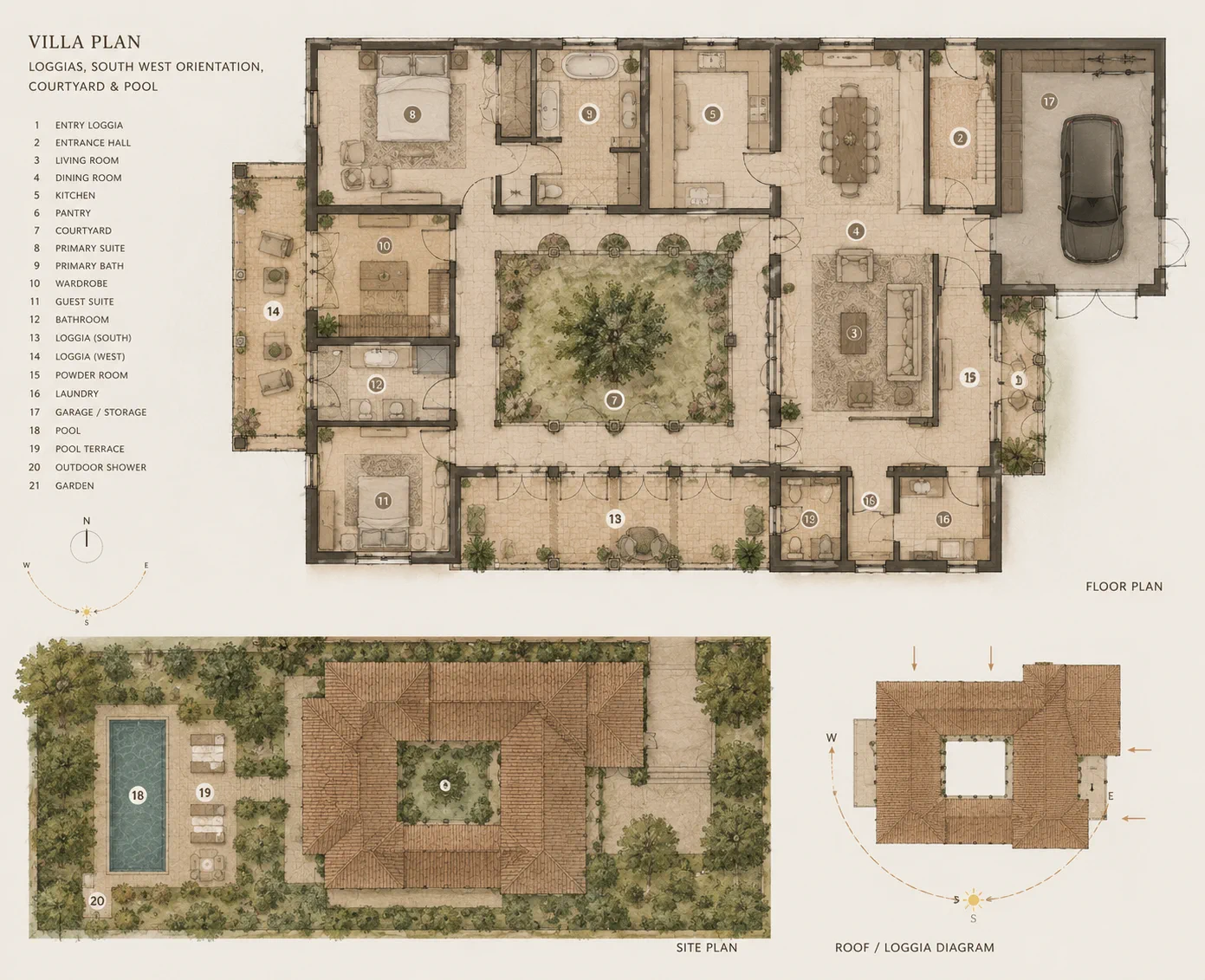 Villa plan — loggias on south and west edges.